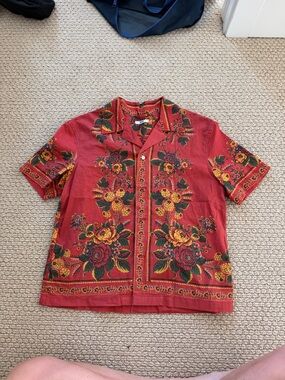 Men's Red Floral Short-Sleeve Button-Down Shirt